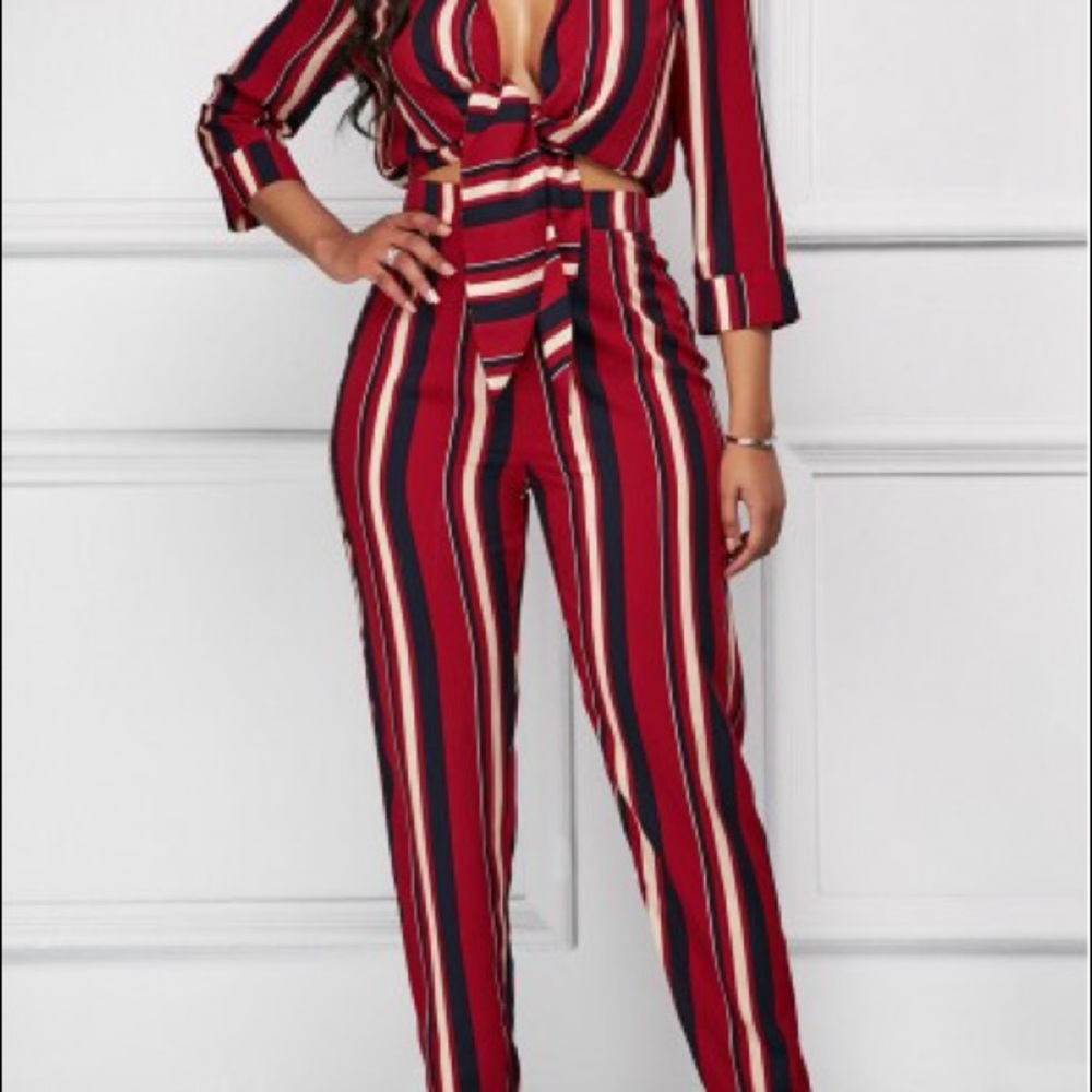 STRIPED TIE FRONT HIGH WAIST JUMPSUIT